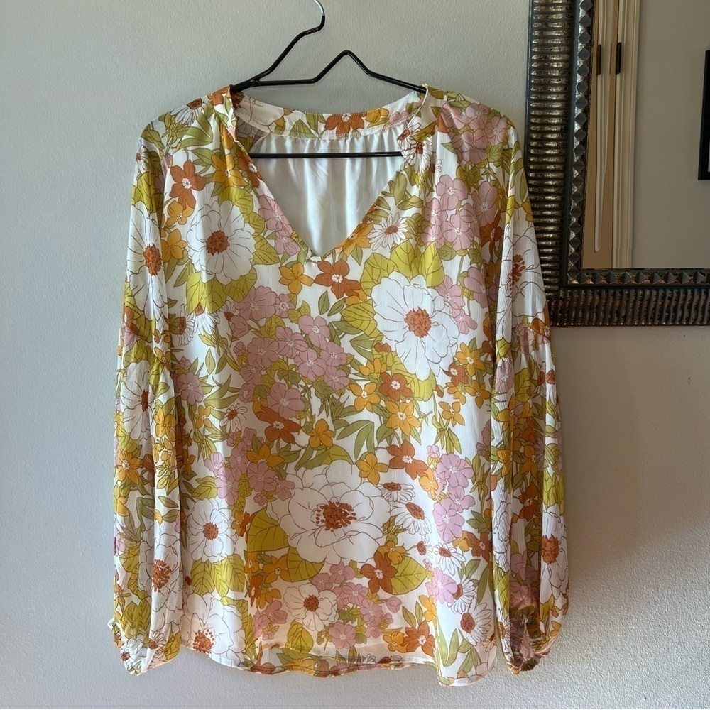 Women Casual Boho Blouse Fashion Floral Yellow V Neck Long Puff Sleeve Medium - Picture 2 of 12